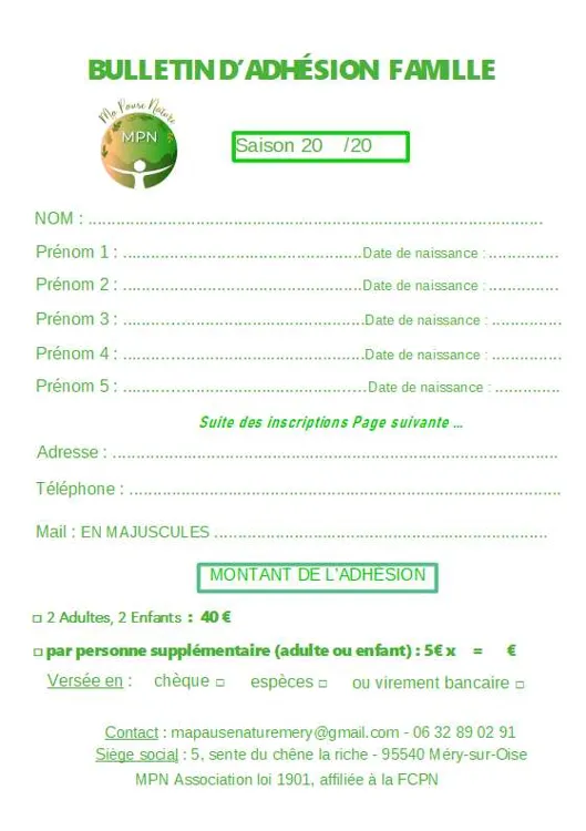 Bulletin adhésion Famille à MPN